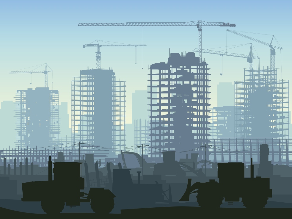 Illustration of construction site with crane and building.